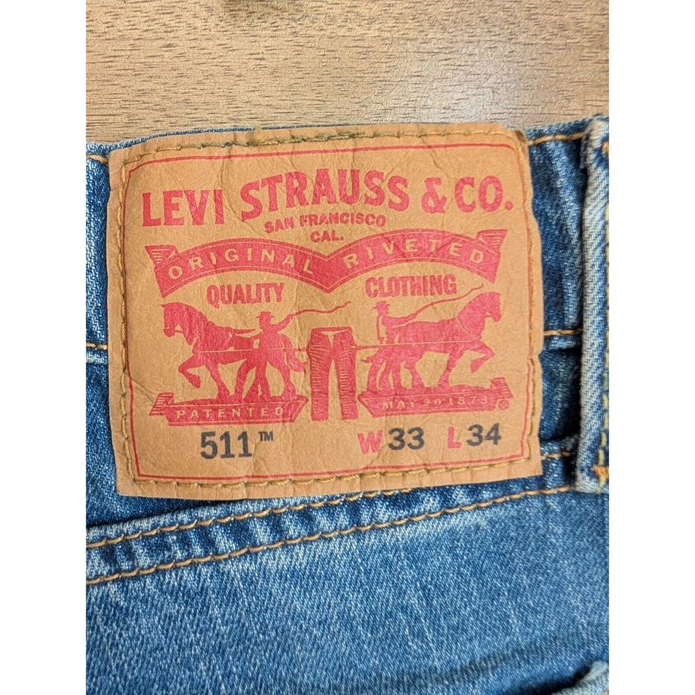 Levi's 511 Jeans Mens 33x34 Blue Denim Distressed Flat Front Slim Straight Leg - Picture 3 of 3